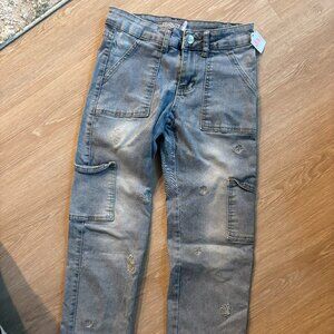Celebrity Ace Cargo Jeans with seashells, Little Girls Size 14, Light Blue /Grey